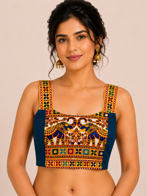 Teal blue heavy kutchi embroidery magic cotton navratri readymade blouse with elephant mirror work 1