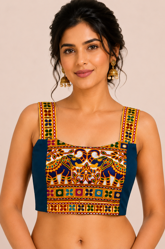 Teal blue heavy kutchi embroidery magic cotton navratri readymade blouse with elephant mirror work