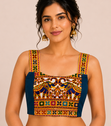 Teal blue heavy kutchi embroidery magic cotton navratri readymade blouse with elephant mirror work