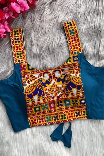 Teal blue heavy kutchi embroidery magic cotton navratri readymade blouse with elephant mirror work
