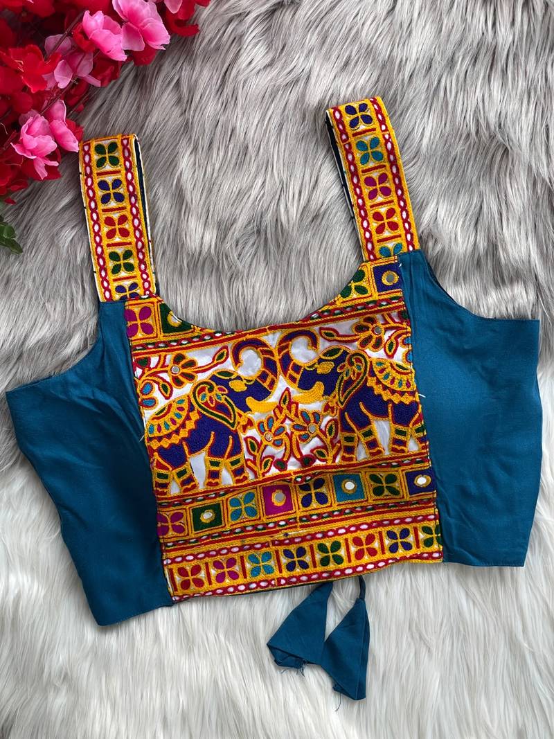 Teal blue heavy kutchi embroidery magic cotton navratri readymade blouse with elephant mirror work