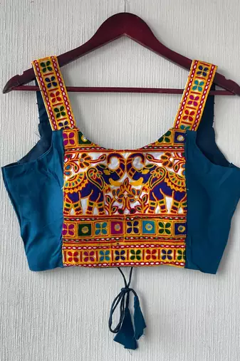 Teal blue heavy kutchi embroidery magic cotton navratri readymade blouse with elephant mirror work