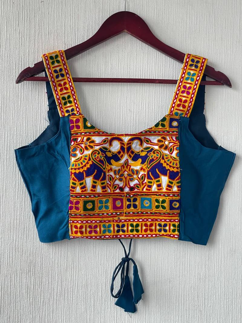 Teal blue heavy kutchi embroidery magic cotton navratri readymade blouse with elephant mirror work