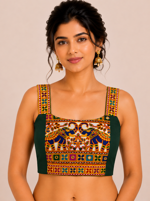 Green heavy kutchi embroidery magic cotton navratri readymade blouse with elephant mirror work 1
