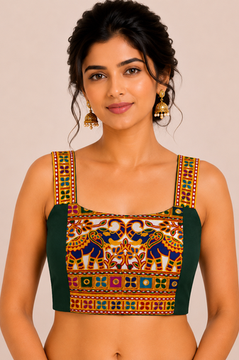 Green heavy kutchi embroidery magic cotton navratri readymade blouse with elephant mirror work