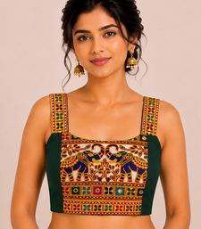 Green heavy kutchi embroidery magic cotton navratri readymade blouse with elephant mirror work