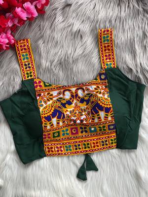 Green heavy kutchi embroidery magic cotton navratri readymade blouse with elephant mirror work 2