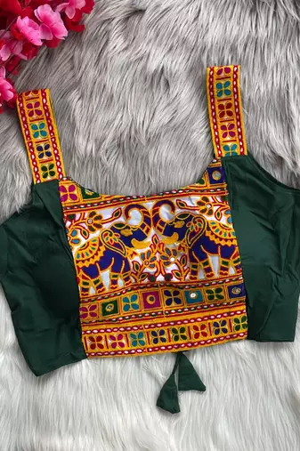 Green heavy kutchi embroidery magic cotton navratri readymade blouse with elephant mirror work