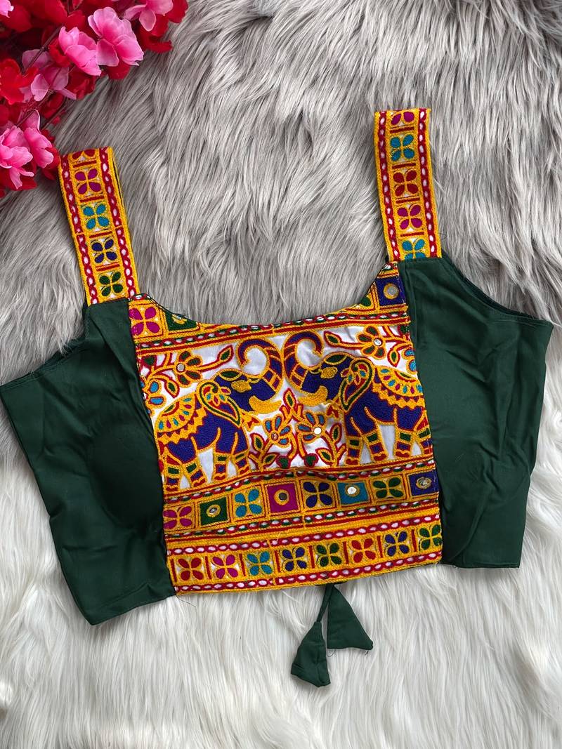 Green heavy kutchi embroidery magic cotton navratri readymade blouse with elephant mirror work