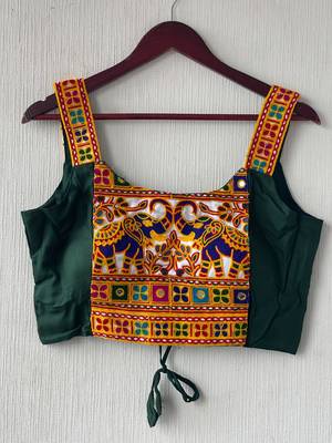 Green heavy kutchi embroidery magic cotton navratri readymade blouse with elephant mirror work 3