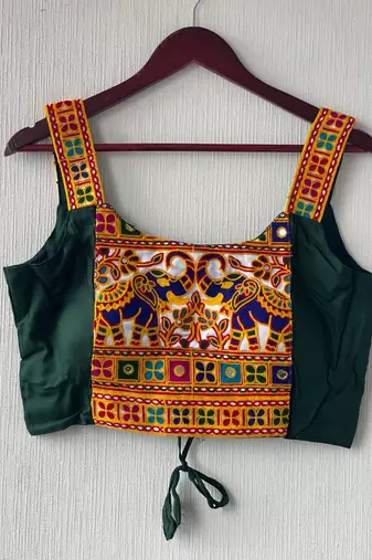 Green heavy kutchi embroidery magic cotton navratri readymade blouse with elephant mirror work