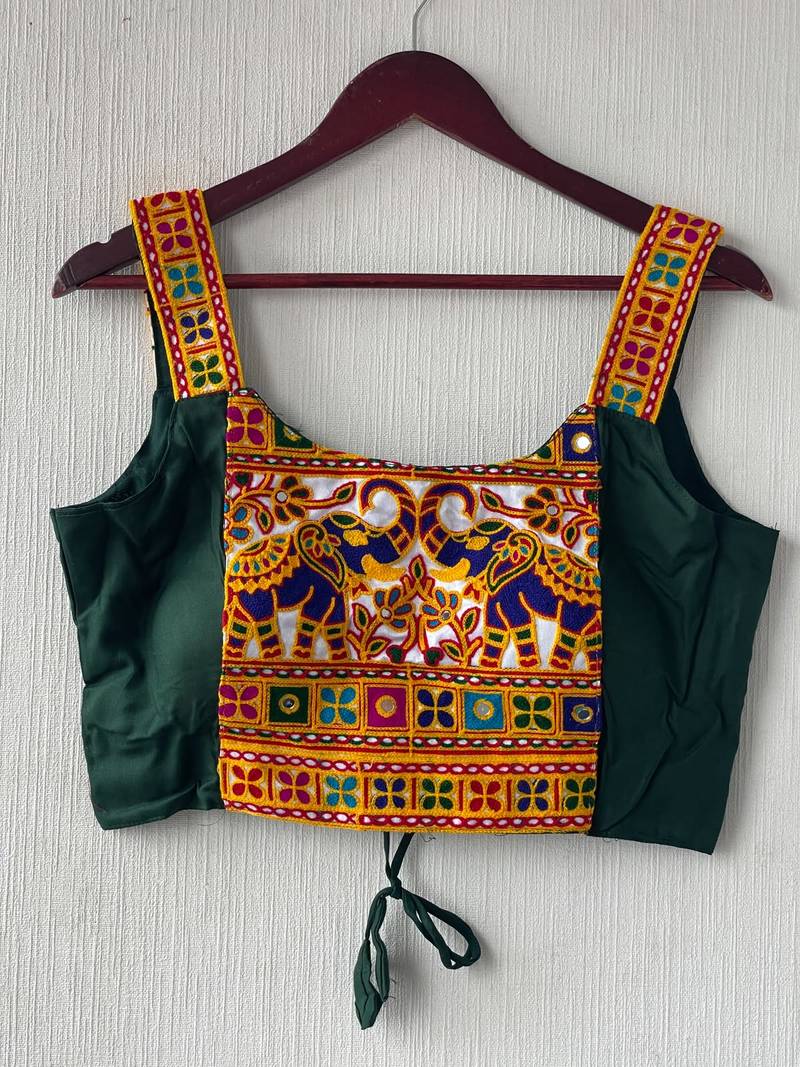 Green heavy kutchi embroidery magic cotton navratri readymade blouse with elephant mirror work