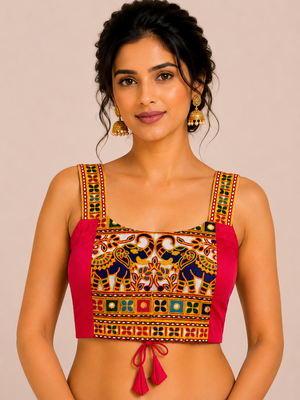 Dark rani pink heavy kutchi embroidery magic cotton navratri readymade blouse with elephant mirror work 1