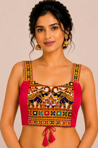 Dark rani pink heavy kutchi embroidery magic cotton navratri readymade blouse with elephant mirror work