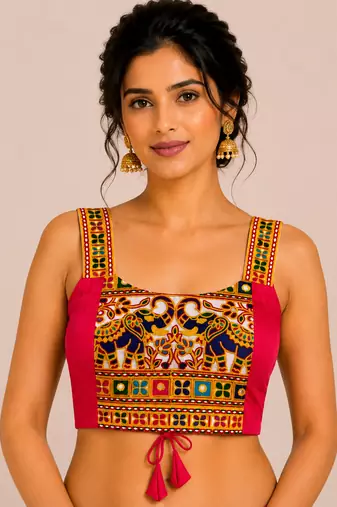 Dark rani pink heavy kutchi embroidery magic cotton navratri readymade blouse with elephant mirror work