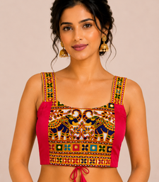 Dark rani pink heavy kutchi embroidery magic cotton navratri readymade blouse with elephant mirror work
