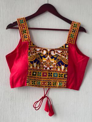 Dark rani pink heavy kutchi embroidery magic cotton navratri readymade blouse with elephant mirror work 2