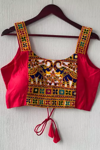 Dark rani pink heavy kutchi embroidery magic cotton navratri readymade blouse with elephant mirror work