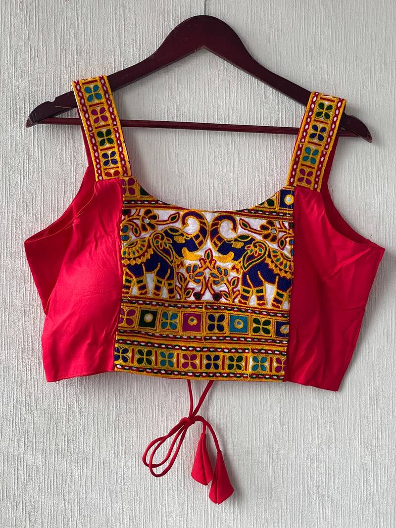 Dark rani pink heavy kutchi embroidery magic cotton navratri readymade blouse with elephant mirror work