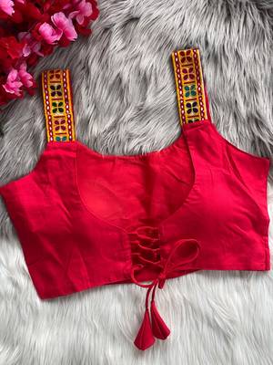 Dark rani pink heavy kutchi embroidery magic cotton navratri readymade blouse with elephant mirror work 3