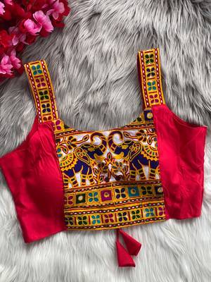 Dark rani pink heavy kutchi embroidery magic cotton navratri readymade blouse with elephant mirror work 4