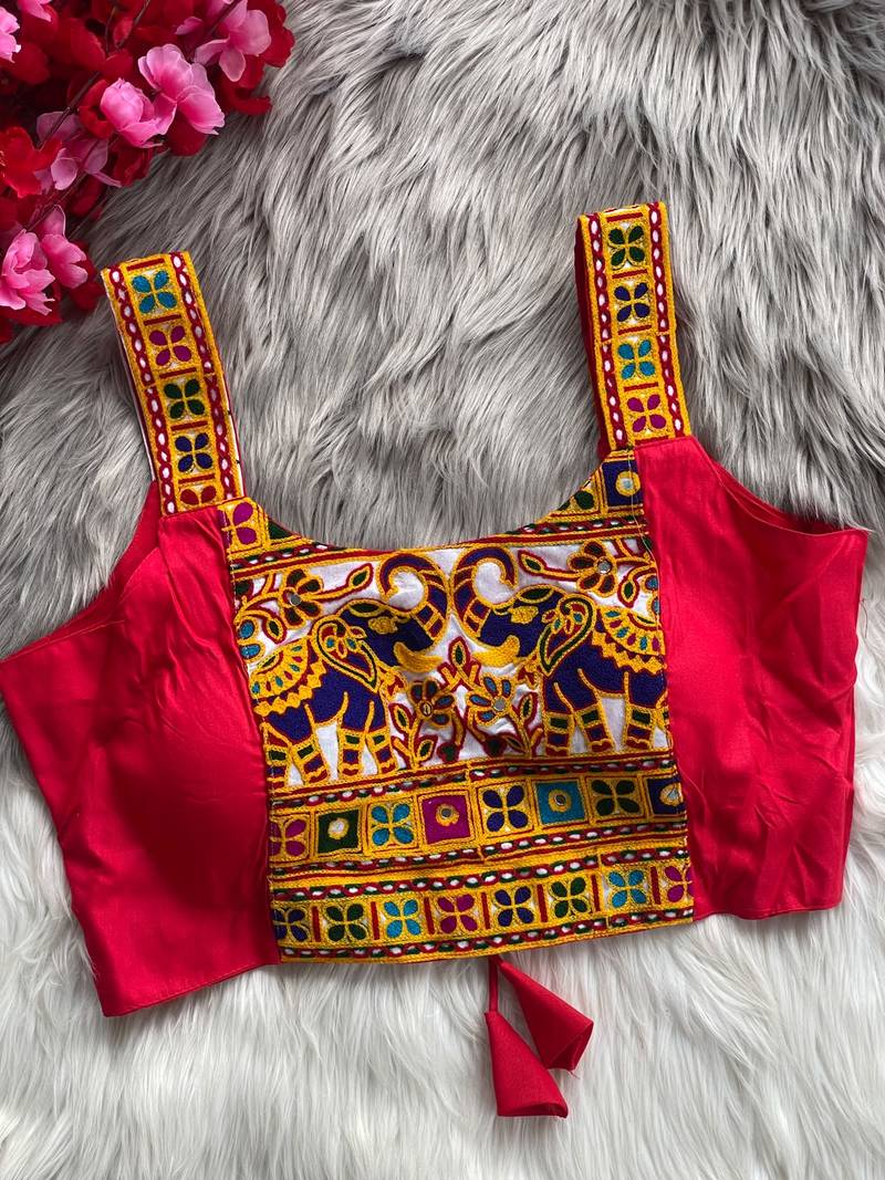 Dark rani pink heavy kutchi embroidery magic cotton navratri readymade blouse with elephant mirror work