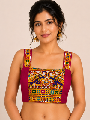 Magenta heavy kutchi embroidery magic cotton navratri readymade blouse with elephant mirror work 1