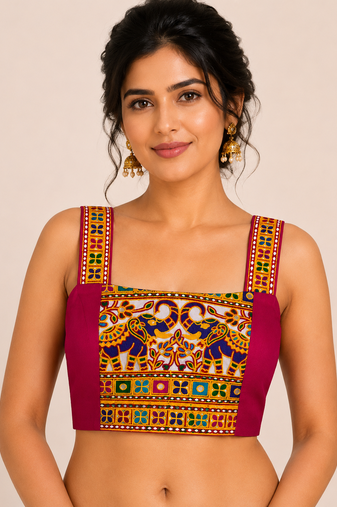 Magenta heavy kutchi embroidery magic cotton navratri readymade blouse with elephant mirror work