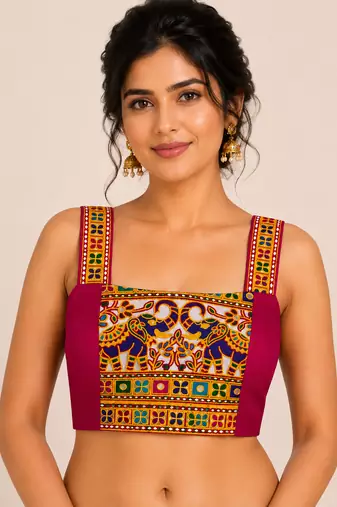 Magenta heavy kutchi embroidery magic cotton navratri readymade blouse with elephant mirror work