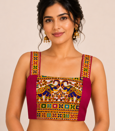 Magenta heavy kutchi embroidery magic cotton navratri readymade blouse with elephant mirror work