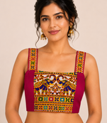 Magenta heavy kutchi embroidery magic cotton navratri readymade blouse with elephant mirror work
