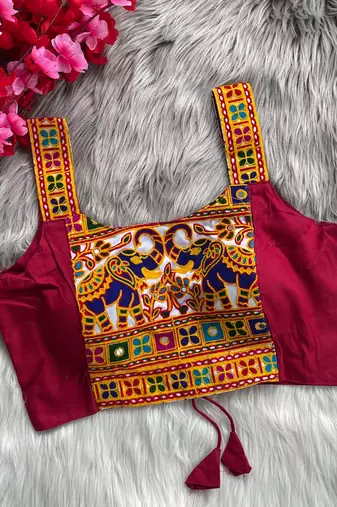 Magenta heavy kutchi embroidery magic cotton navratri readymade blouse with elephant mirror work