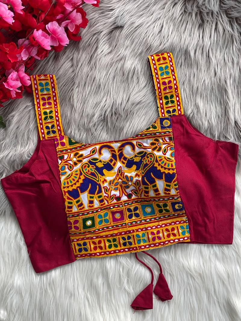 Magenta heavy kutchi embroidery magic cotton navratri readymade blouse with elephant mirror work