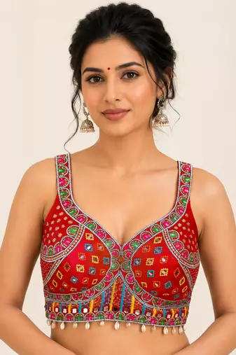 Red real mirror work heavy italian fabric navratri readymade blouse with multi thread embroidery