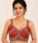 Red real mirror work heavy italian fabric navratri readymade blouse with multi thread embroidery