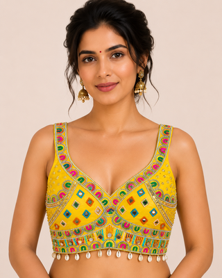 Yellow real mirror work heavy italian fabric navratri readymade blouse with multi thread embroidery 1