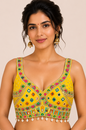Yellow real mirror work heavy italian fabric navratri readymade blouse with multi thread embroidery