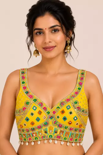 Yellow real mirror work heavy italian fabric navratri readymade blouse with multi thread embroidery