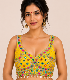 Yellow real mirror work heavy italian fabric navratri readymade blouse with multi thread embroidery