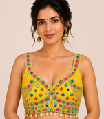 Yellow real mirror work heavy italian fabric navratri readymade blouse with multi thread embroidery
