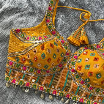 Yellow real mirror work heavy italian fabric navratri readymade blouse with multi thread embroidery 2