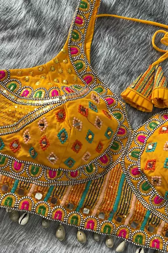 Yellow real mirror work heavy italian fabric navratri readymade blouse with multi thread embroidery