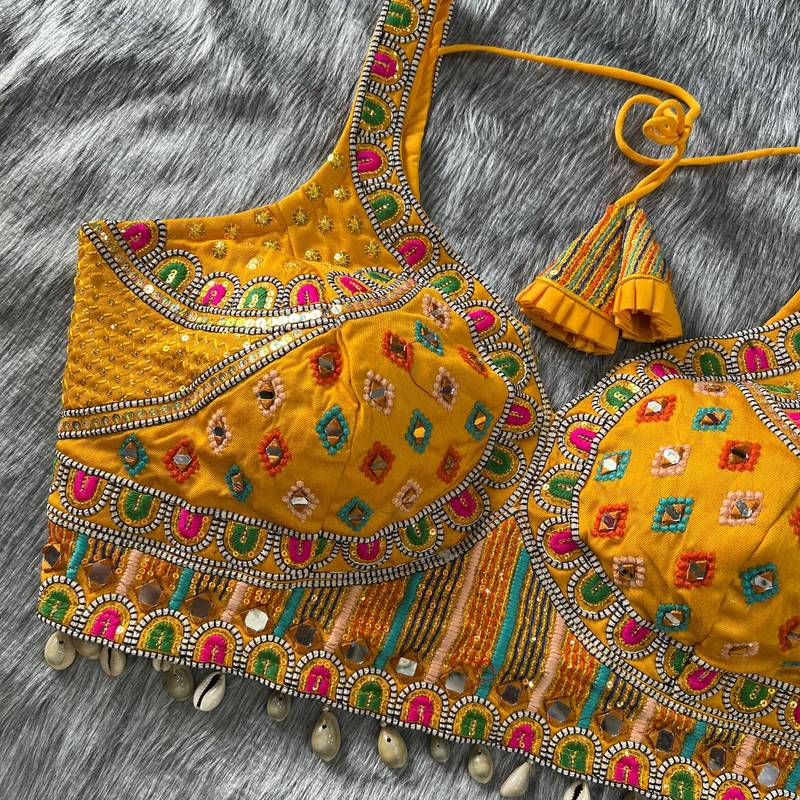 Yellow real mirror work heavy italian fabric navratri readymade blouse with multi thread embroidery
