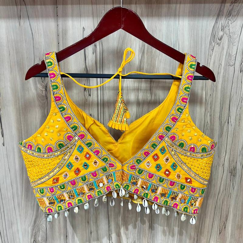 Yellow real mirror work heavy italian fabric navratri readymade blouse with multi thread embroidery
