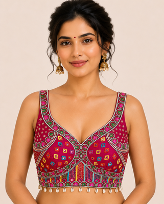 Magenta real mirror work heavy italian fabric navratri readymade blouse with multi thread embroidery 1