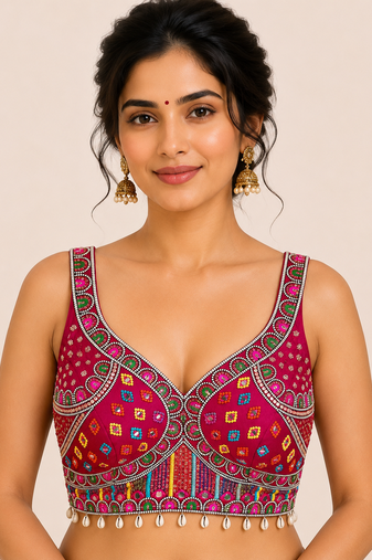 Magenta real mirror work heavy italian fabric navratri readymade blouse with multi thread embroidery