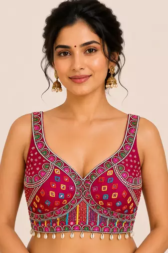 Magenta real mirror work heavy italian fabric navratri readymade blouse with multi thread embroidery