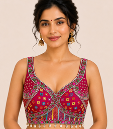Magenta real mirror work heavy italian fabric navratri readymade blouse with multi thread embroidery