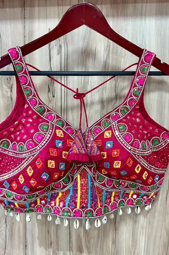 Magenta real mirror work heavy italian fabric navratri readymade blouse with multi thread embroidery