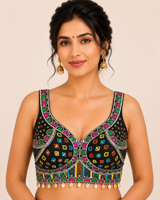 Black real mirror work heavy italian fabric navratri readymade blouse with multi thread embroidery 1